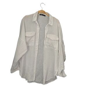 ZARA White 100% Linen Long Sleeve Utility Oversized Pocket Button Down Shirt S